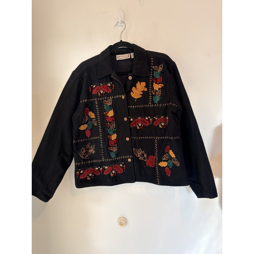 Vintage New Direction Black Wool Button Front Jacket Fall Leaf Embroidery Size L